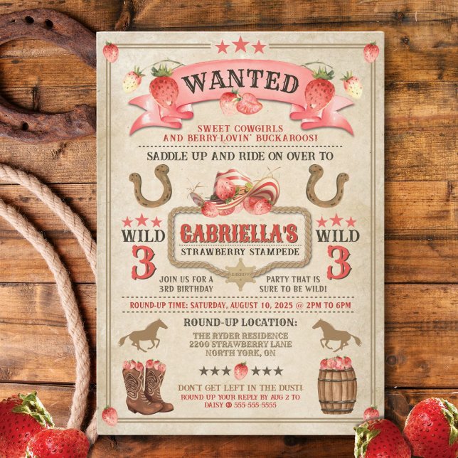 Invitación de cumpleaños Strawberry Stampede (Berry-sweet Wild West invitation featuring strawberries, cowgirl charm, and rustic fun!)