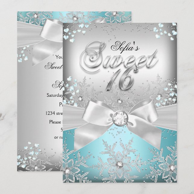 Invitación de Cumpleaños Stylish Silver Bow Blue J (Anverso / Reverso)