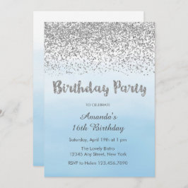 Invitación de cumpleaños suave azul y plata