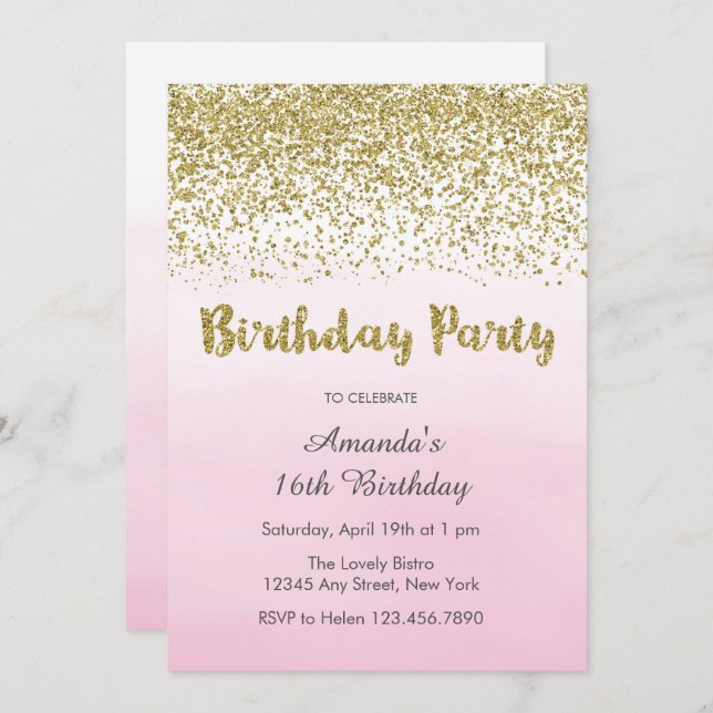 Invitación de cumpleaños suave rosa y dorado (Anverso / Reverso)