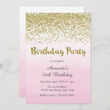 Invitación de cumpleaños suave rosa y dorado