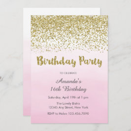 Invitación de cumpleaños suave rosa y dorado