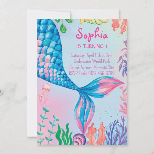 Invitación de cumpleaños subacuática a la Sirenita (Anverso)