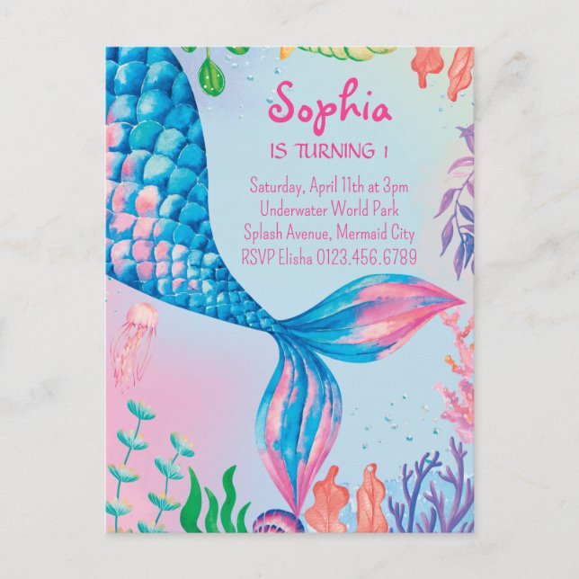 Invitación de cumpleaños subacuática a la Sirenita (Anverso)