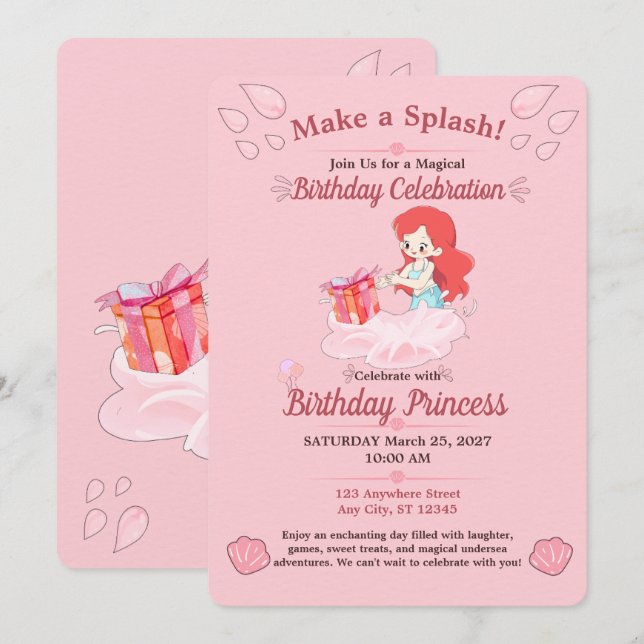 Invitación de cumpleaños submarina rosa editable (Anverso / Reverso)