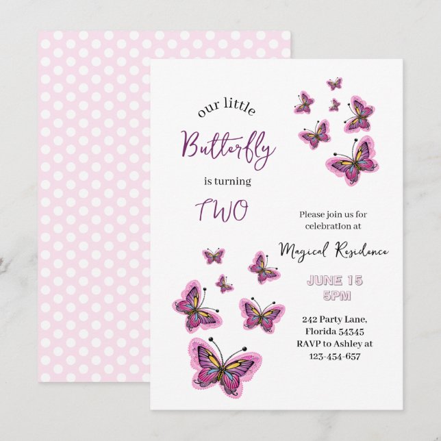 Invitación de cumpleaños Sueños de Mariposa Rosa (Anverso / Reverso)