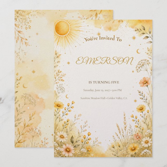 Invitación de cumpleaños Sunshine | Boho Chic Suns (Anverso / Reverso)
