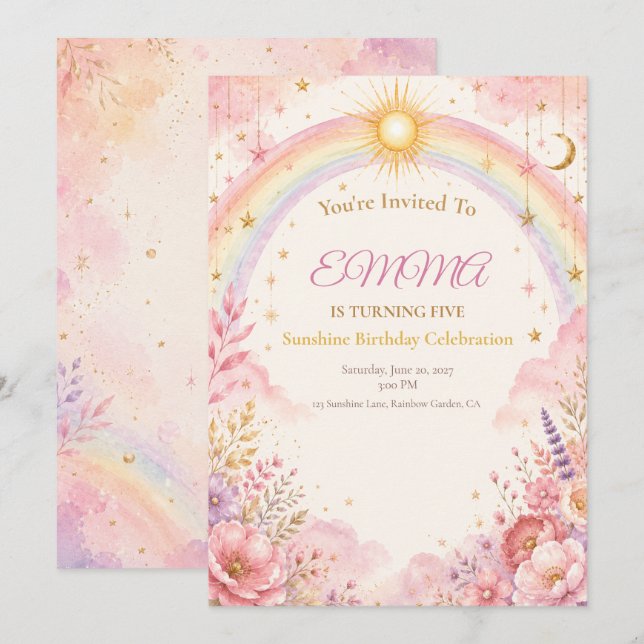 Invitación de cumpleaños Sunshine | Boho Pastel Ro (Anverso / Reverso)