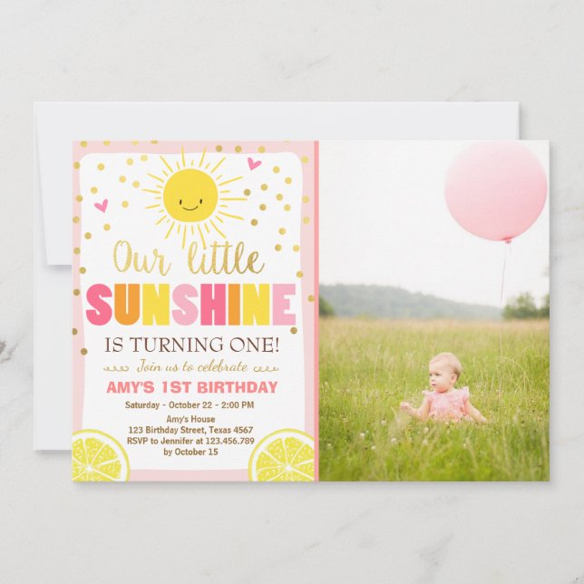 Invitación de cumpleaños Sunshine Lemonade Pink Le (Anverso)