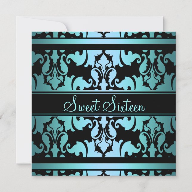 Invitación de cumpleaños Sweet16 Blue Royal Damask (Anverso)