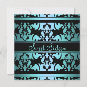 Invitación de cumpleaños Sweet16 Blue Royal Damask