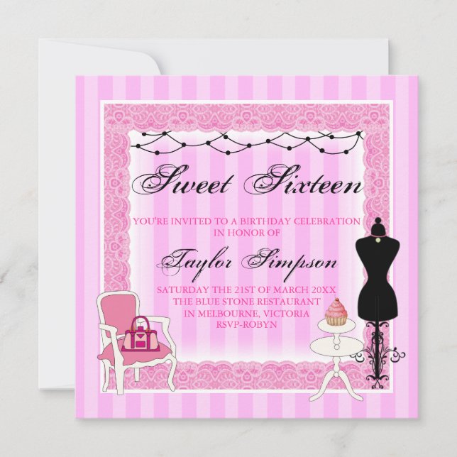 Invitación de cumpleaños Sweet16 Chic Rosa y Negro (Anverso)