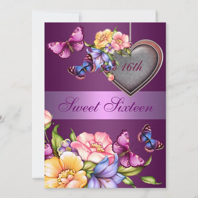 Invitación de cumpleaños Sweet16 con mariposa flor (Anverso)