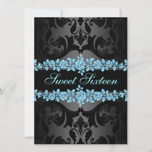 Invitación de cumpleaños Sweet16 Damask Blue Rose