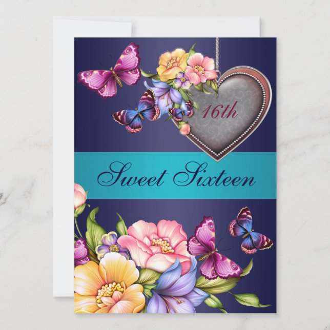 Invitación de cumpleaños Sweet16 de mariposa flora (Anverso)
