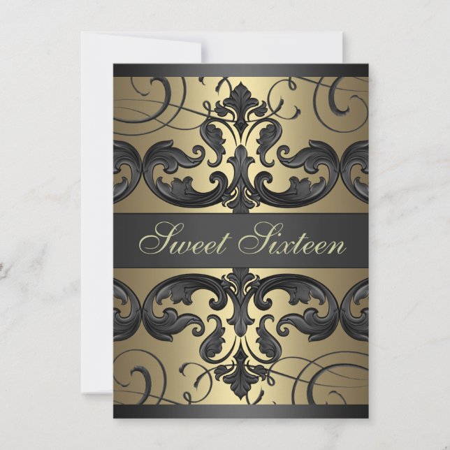 Invitación de cumpleaños Sweet16 Gold/Black Damask (Anverso)