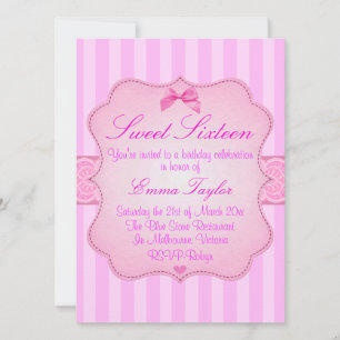 Invitación de cumpleaños Sweet16 rosa a rayas eleg