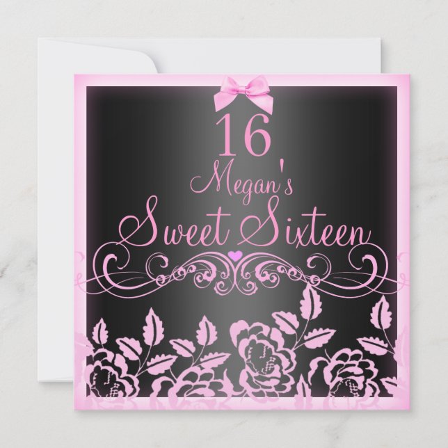 Invitación de cumpleaños Sweet16 Rosa suave y negr (Anverso)