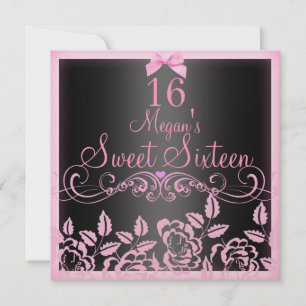 Invitación de cumpleaños Sweet16 Rosa suave y negr