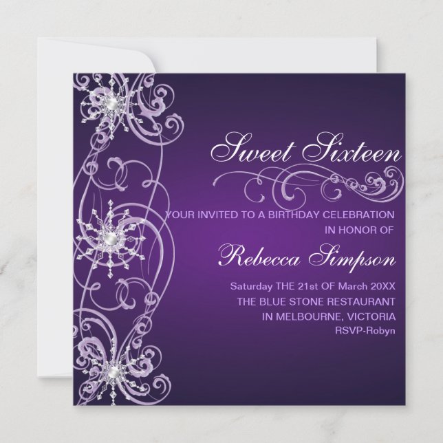 Invitación de cumpleaños Sweet 16 con copo de niev (Anverso)