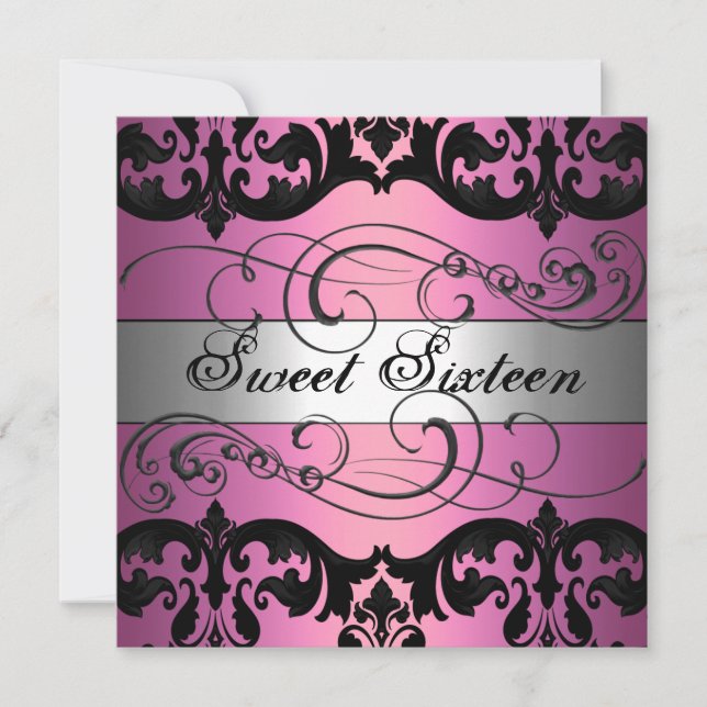 Invitación de cumpleaños Sweet 16 con damasco rosa (Anverso)