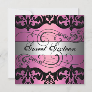 Invitación de cumpleaños Sweet 16 con damasco rosa