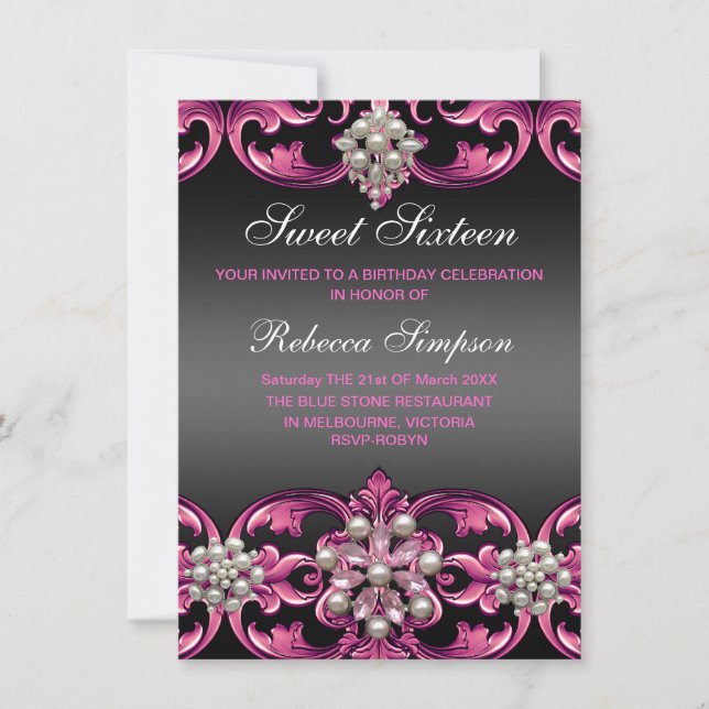 Invitación de cumpleaños Sweet 16 con damasco rosa (Anverso)