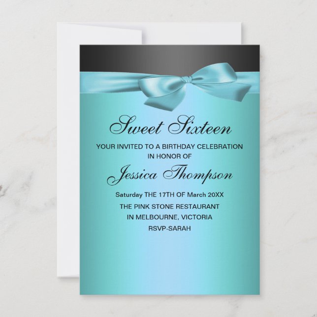 Invitación de cumpleaños Sweet 16 con lazo azul y  (Anverso)