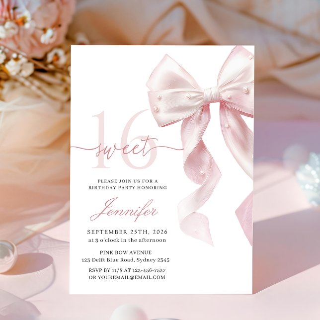Invitación de cumpleaños Sweet 16 con lazo rosa ru (Subido por el creador)