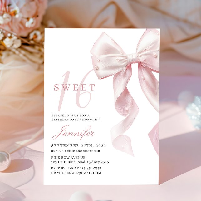 Invitación de cumpleaños Sweet 16 con lazo rosa ru (Subido por el creador)