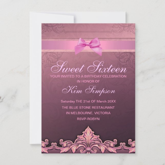 Invitación de cumpleaños Sweet 16 con lazo rosa y  (Anverso)