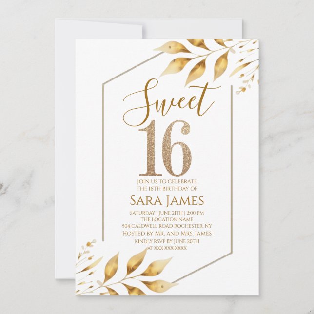 Invitación de cumpleaños Sweet 16 con marco dorado (Anverso)