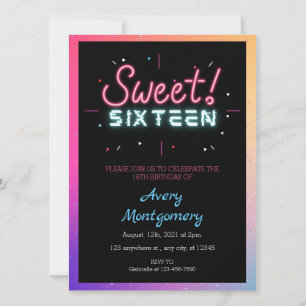 Invitación de cumpleaños Sweet 16 con neón brillan
