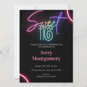 Invitación de cumpleaños Sweet 16 con neón brillan