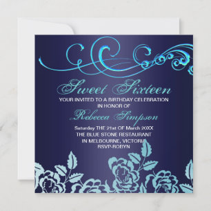 Invitación de cumpleaños Sweet 16 con remolino azu