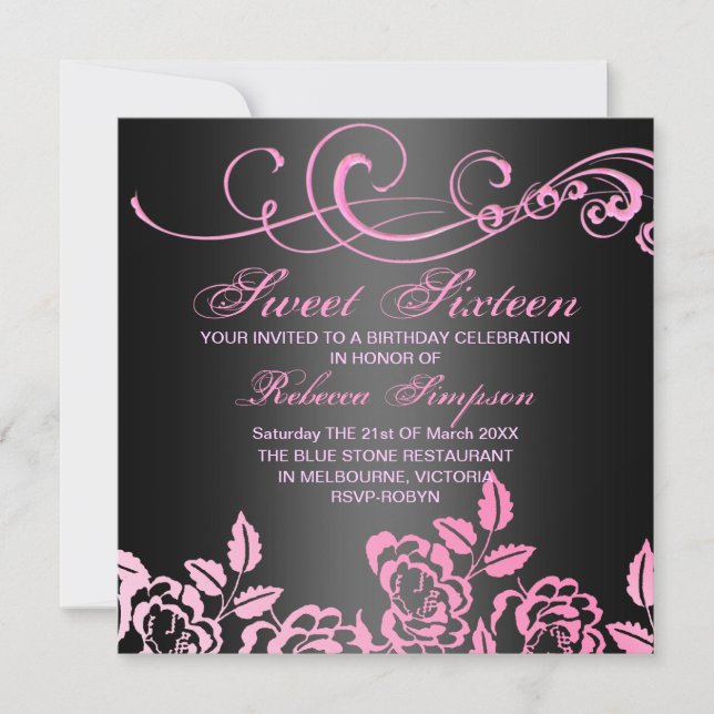 Invitación de cumpleaños Sweet 16 con rosa de remo (Anverso)