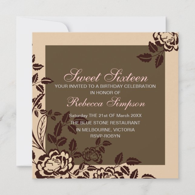 Invitación de cumpleaños Sweet 16 con rosa melocot (Anverso)