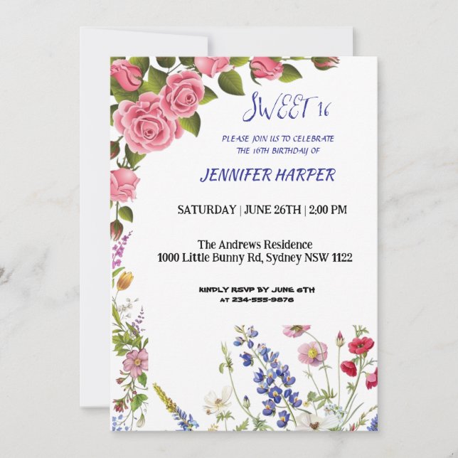 Invitación de Cumpleaños Sweet 16 con Rosas Rosada (Anverso)