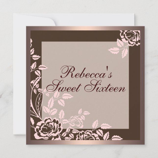 Invitación de cumpleaños Sweet 16 con rosas rosada (Anverso)