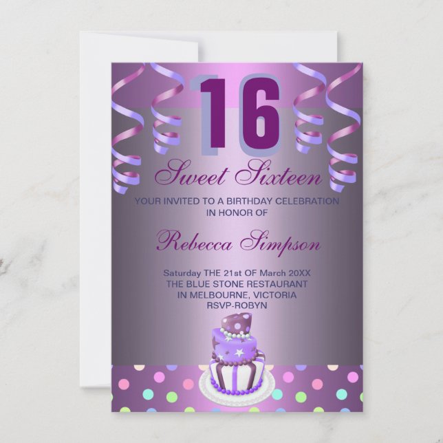 Invitación de cumpleaños Sweet 16 con serpentinas  (Anverso)
