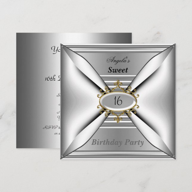 Invitación de cumpleaños Sweet 16 cromo blanco (Anverso / Reverso)