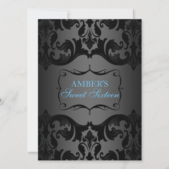 Invitación de cumpleaños Sweet 16 de Damasco Azul  (Anverso)