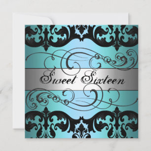 Invitación de cumpleaños Sweet 16 de Damasco Azul 