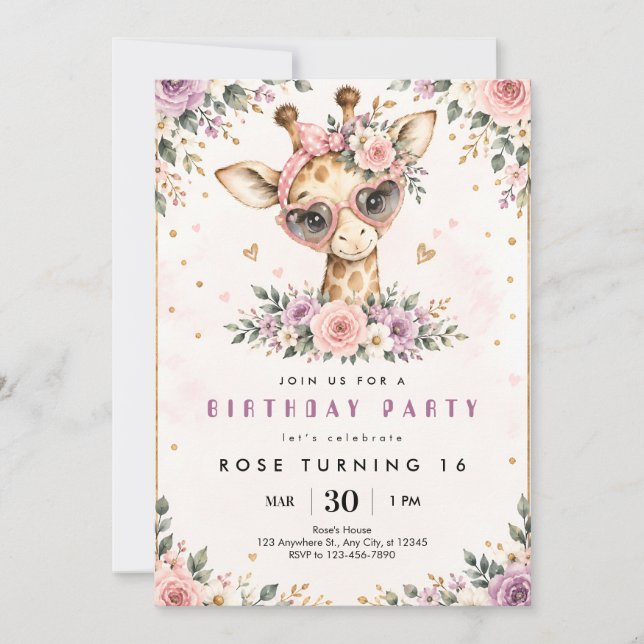 Invitación de cumpleaños Sweet 16 de jirafa floral (Anverso)