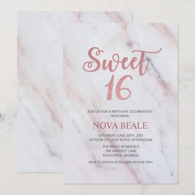 Invitación de cumpleaños Sweet 16 de mármol modern (Anverso / Reverso)