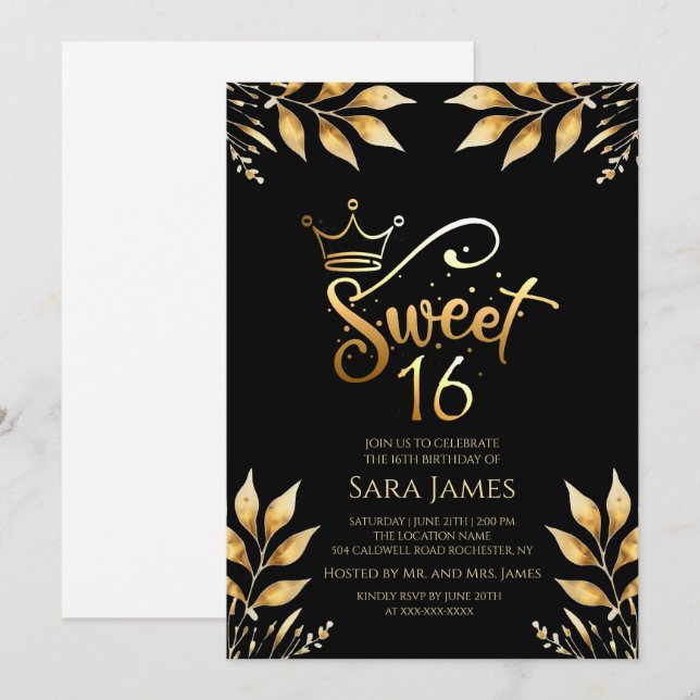 Invitación de cumpleaños Sweet 16 de oro y obsidia (Anverso / Reverso)