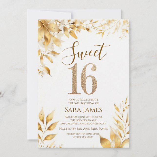 Invitación de cumpleaños Sweet 16 Floral Dorada (Anverso)