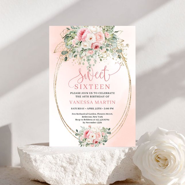 Invitación de cumpleaños Sweet 16 Floral Romántico (Romantic Blush Floral Sweet 16 Birthday Invitation)