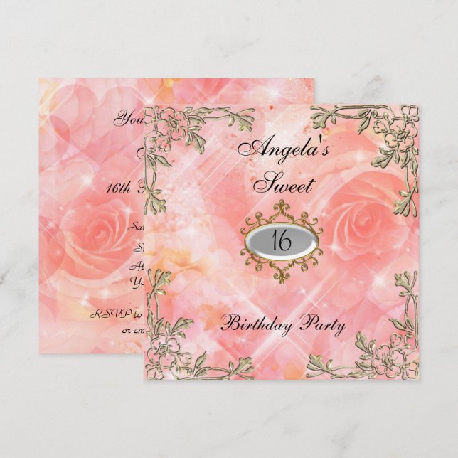 Invitación de cumpleaños Sweet 16 Flores rosadas (Anverso / Reverso)