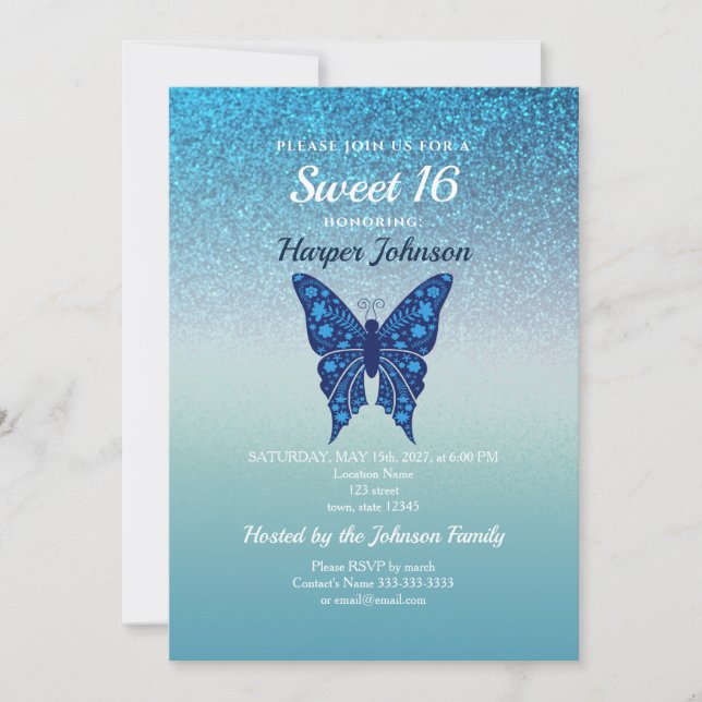 Invitación de cumpleaños Sweet 16 Glitter Blue (Anverso)